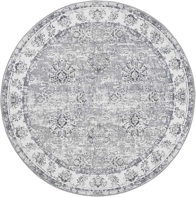 jinchan Fiora Round Rug 5ft Area Rug - Indoor Vintage Hallway Circle 5' Washable - Ultra-Thin Low Pile Soft Small Non Slip Distressed Floral Print for Living Room Dining Room Bedroom Entryway Grey