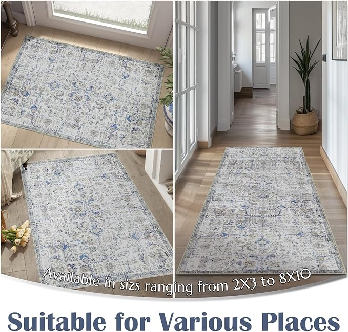 jinchan Kalen Area Rug 8x10 Washable Living Room Rug Soft Vintage Indoor Thin Retro Distressed Floor Cover Blue Floral Country Boho Rug Non Slip Carpet for Bedroom Office Dining Room