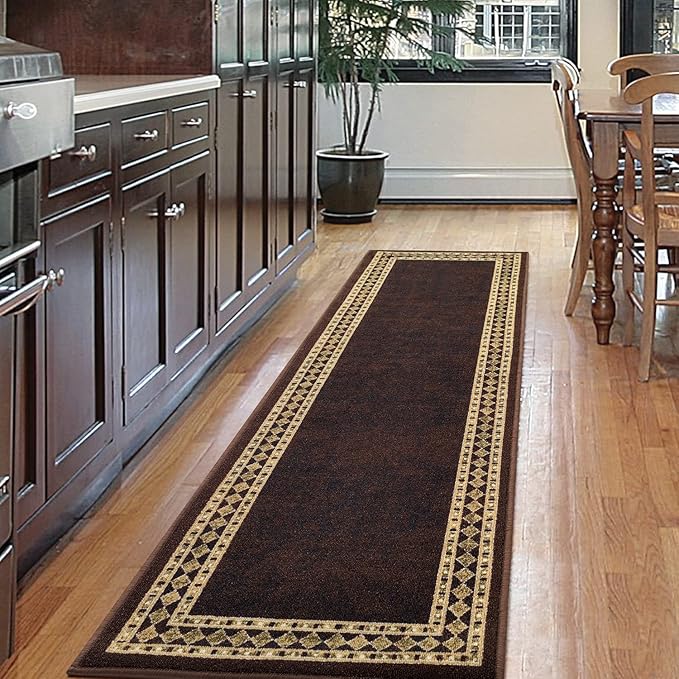 Antep Rugs Alfombras Modern Bordered 2x7 Non-Skid (Non-Slip) Low Profile Pile Rubber Backing Indoor Area Runner Rugs (Brown Beige, 2' x 7')