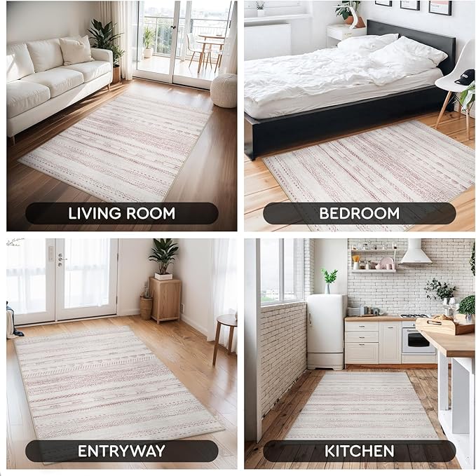Small Area Rug-2x3 Entryway Rug Non Slip Washable Low Pile Indoor Door Mat Neutral Distressed Boho Moroccan Entrance Rugs Carpet for Bedroom Kitchen Powder Room Front Porch Bathroom, Pink