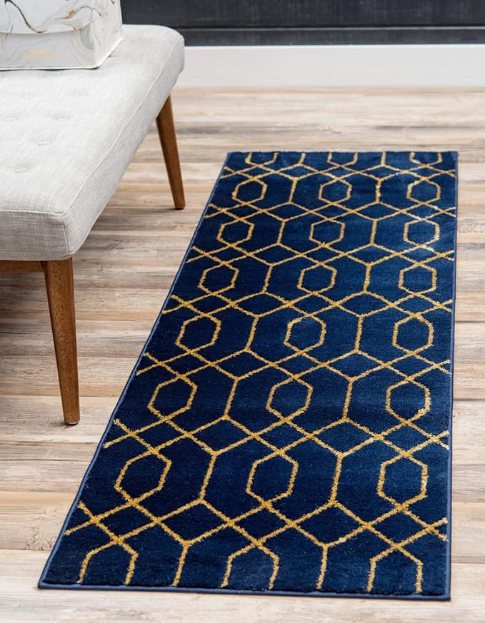 Marilyn Monroe Glam Collection Area Rug - Trellis (2' x 6' 1" Runner, Navy Blue Gold/ Gold)