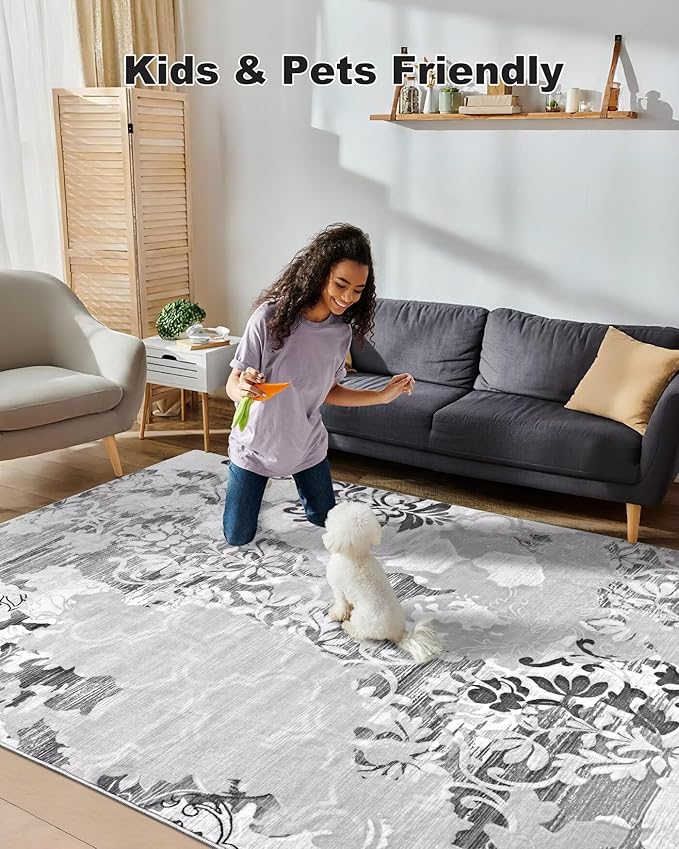 Washable Abstract Rug, 8x10 Classic Grey and White Floral Area Rugs with Non-Slip Rubber Backed for Living Room, Low Pile Modern Throw Carpet Bedroom Dining Room Decor