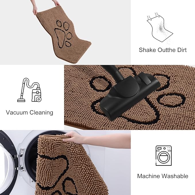 Smiry Dog Door Mat for Muddy Paws, Absorbent Dirt Trapper Non Slip Quick Dry Washable Chenille Mat for Mud Dogs, Entry Rug for Indoor and Outdoor (48x30 Inches, Coffee and Black)