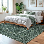 Vintage Floral 5x7 Rug, Dark Green Washable Area Rug for Bedroom, Non Slip Living Room Rug Boho Thin Printed Faux Wool Super Soft Floor Carpet for Nursery Playroom Dining Room Indoor Office