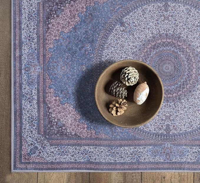 GLN Rugs Traditional Collection - Machine Washable Area Rug, Traditional Washable, Non Slip, Low Pile Chenille Rug, Living Room, Bedroom, Kitchen Rug (8' x 10' Navy/Off White)
