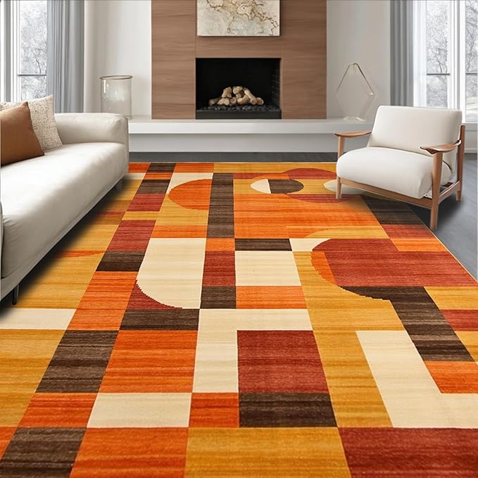 Flatwoven High Traffic Area Rug 4x6, Orange Rust Copper Abstract Geometric Shape, Non Slip, Stain Resistant, Washable Area Rugs for Living Room, Bedroom (Orange, 4x6)