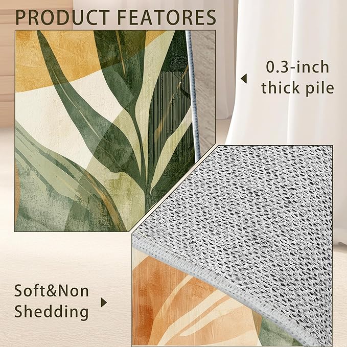 Boho Tropical Leaves Washable Living Room Area Rug, Low Profile Abstract Pattern, Non-Slip Backing Carpet for Kitchen, Bedroom, Dining Room