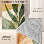 Boho Tropical Leaves Washable Living Room Area Rug, Low Profile Abstract Pattern, 3x5 Non-Slip Backing Carpet for Kitchen, Bedroom, Dining Room