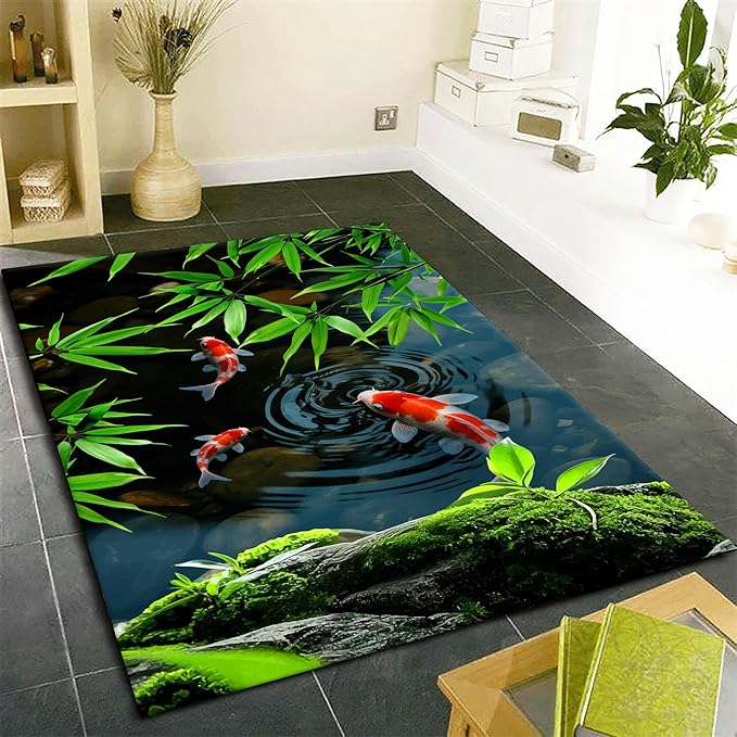 Pond Koi Fish Living Room Rug, 6x8ft, Summer Greenery Moss Stream Indoor Decor Carpet, with Non-Slip Backing Absorbent Thin Mat, Soft Easy Clean Washable Rugs for Office Entryway