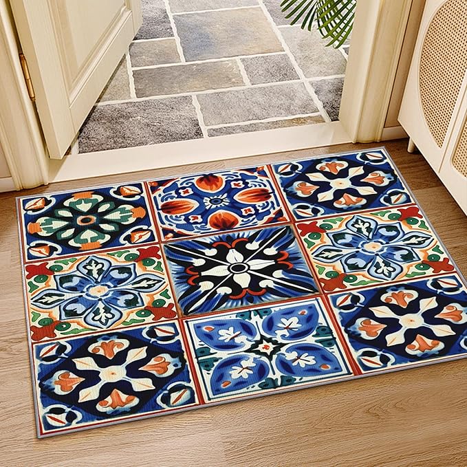 Moroccan Trellis Rugs 8x10-8x10 Area Rugs, Moroccan Tile Living Room Rug, Colorful Trellis Rug for Bedroom, Geometric Patchwork Washable Carpet, Oriental Traditional Home Decor & Gifts