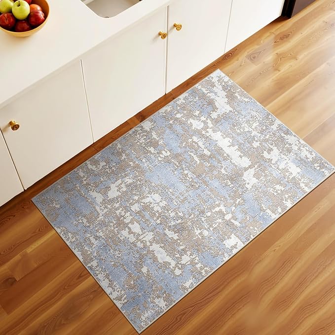 WITSHOCK 2x3 Washable Entry Rug: Blue Small Rugs for Entryway Kitchen Bathroom Door Mat Indoor Entrance, Non Slip Rubber Backing, Stain & Fade Resistant, Neutral Modern Abstract Decor