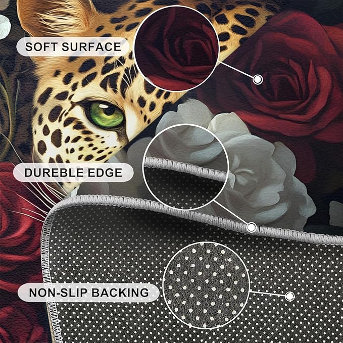 Leopard Rugs for Bedroom - 4x5 Area Rug - Flowers Leopard Rugs for Living Room, 3D Flowers Animal Rug, Washable Home Decor Carpet