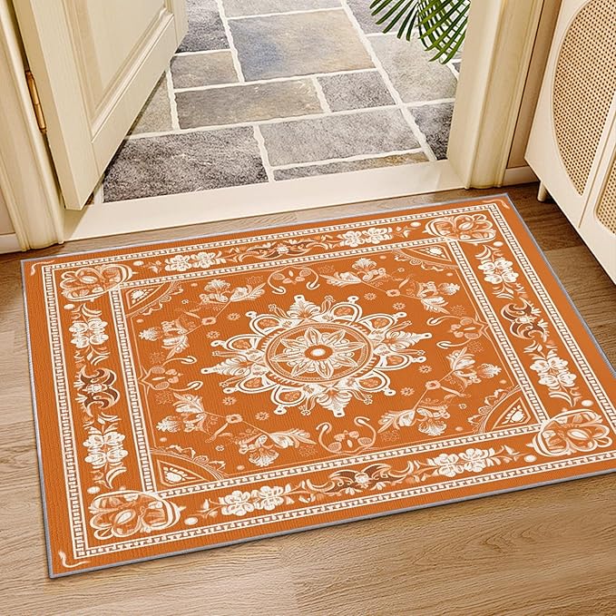 Mandala Rugs for Living Room - 6x9 ft, Vintage Floral Rug, Orange Mandala Living Room Rug, Boho Medallion Washable Area Rugs for Bedroom, Meditation Boho Ethnic Home Decor & Gifts