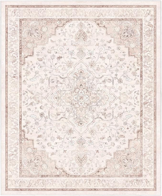 Marsail 8x10 Machine Washable Area Rug, Soft & Slip-Resistant Large Area Rug with Reinforced Bound Edges, Vintage Short-Pile Washable Rug with Floral Pattern for Living Room, Dinning Room and Bedroom