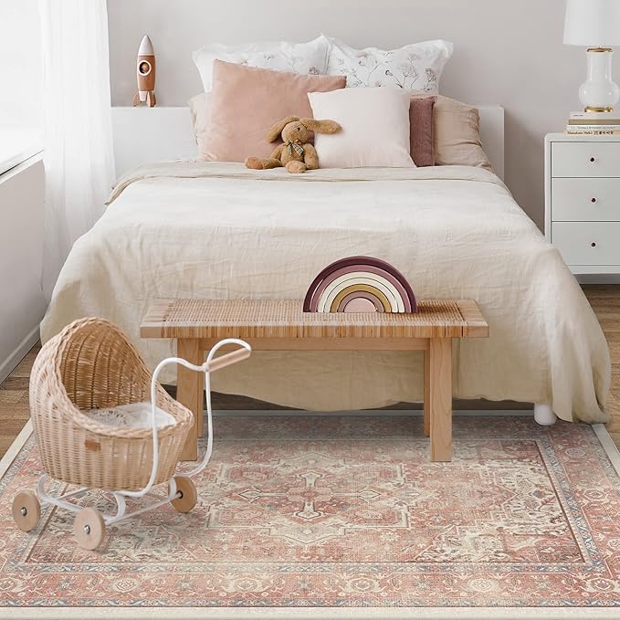 RUGGABLE Washable Area Rug – Kamran Rose Pink 4x6, Stain-Resistant, Non-Slip – Medium Machine Washable Rugs for Living Room, Bedroom, Hallway, Entryway & Office–with Cushioned Pad