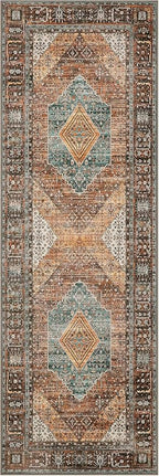 Bavni Runner Rug 2x5 Kitchen Rugs for Hallways Entryway, Washable Print Carpet, Low Pile Lightweight Rug with Non Slip Backing, Vintage Brown/Blue