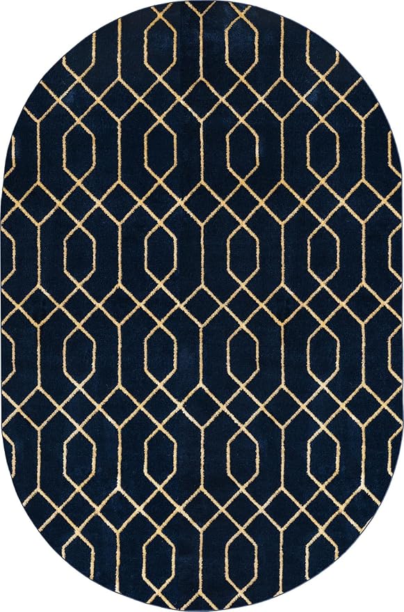 Unique Loom Glam Collection Area Rug - Trellis (5' 3' x 8' Oval, Navy Blue Gold/ Gold)