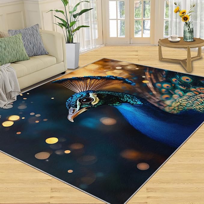 Peacock Area Rug 8x10-8x10 Rug, Wonderful Peacock Rugs for Living Room, Teal Turquoise Carpet, Peafowl Feather Washable Area Rugs for Bedroom, Aesthetics Carpet - Peafowl Home Decor & Gifts