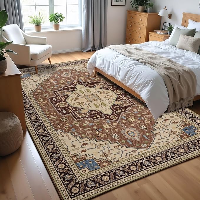 5x7 Mousse Brown Area Rug for Living Room, Machine Washable Rugs with Non-Slip Backing for Bedroom, Vintage Medallion Carpet Dining Room Office Kids Room Decor