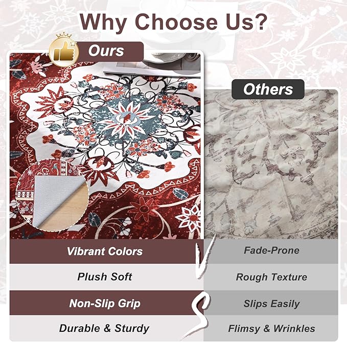 Luxury 5' x 7' Red Washable Area Rugs, Boho Low Pile Easy Clean Non-Slip Rug, Floral Medallion Pattern Vintage Rugs for Living Room, Dinning Room, Office, Bedroom, Bathroom, Laundry Room, Farmhouse
