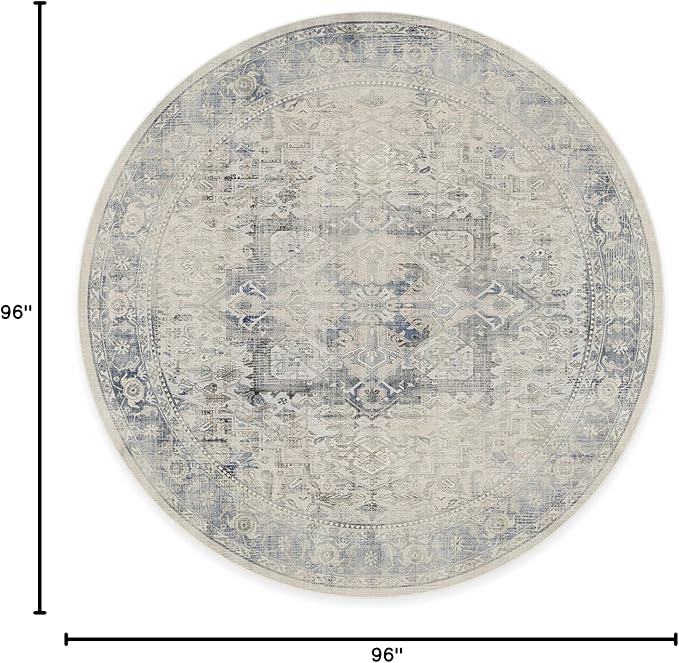 RUGGABLE Washable Vintage Area Rug – Kamran Blue Quartz 8 ft Round, Stain-Resistant, Non-Slip – Large Machine Washable Rugs for Living Room, Bedroom, Hallway, Entryway & Office–with Standard Pad