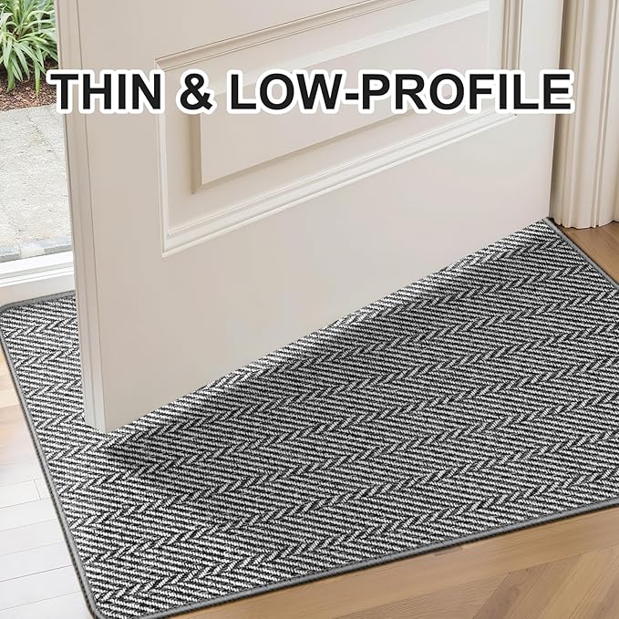 Ultra Thin Door Mat Indoor Entrance 24"x36", Low-Profile Indoor Door Mat, Non Slip Entry Mat Rubber Backing Unique Herringbone Design Inside Doormat Dirt Trapper Entryway Mats, Grey