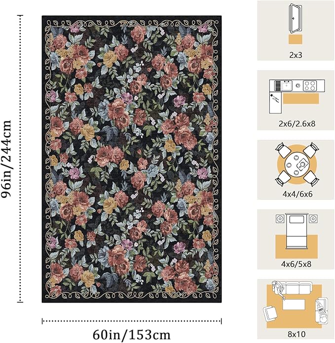 5x8 Machine Washable Area Rug for Living Room, Black Vintage Boho Floral Rug Large Non-Slip Low Pile Soft Faux Wool Carpet, Kids and Pets Friendly for Bedroom Dining Room Farmhouse Home Decor Rug