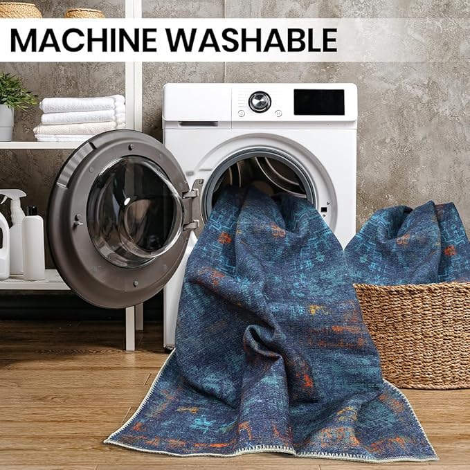 GLN Rugs Contemporary Collection - Machine Washable Area Rug, Contemporary Washable, Non Slip, Low Pile Chenille Rug, Living Room, Bedroom, Kitchen Rug (2' x 3' Midnight/Multi)