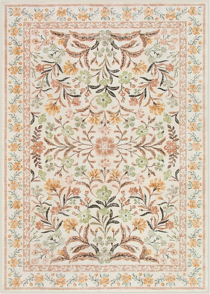 Lahome Fall Boho Washable Area Rugs 5x7 for Bedroom, Bohemian Brown Rugs for Living Room, Soft Floral Thin Carpet for Kids Room Apartment Dorm Home Decor, Ochre Fall