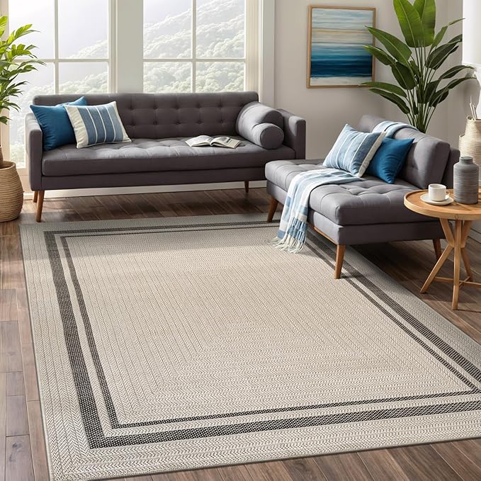 Beverly Rug Easy Jute Bordered Rug 4x6 Washable Durable Indoor Outdoor Area Rugs for Living Dining Room Patio Office Stain Resistant Non Shedding Casual Indoor Outside Carpet 4 x 6 Off-White