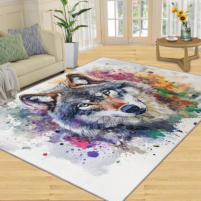 Wolf Rugs for Bedroom - 6x8 Area Rug - Graffiti Wolf Rugs for Living Room, Abstract 3D Animal Graffiti Rug, Washable Home Decor Carpet