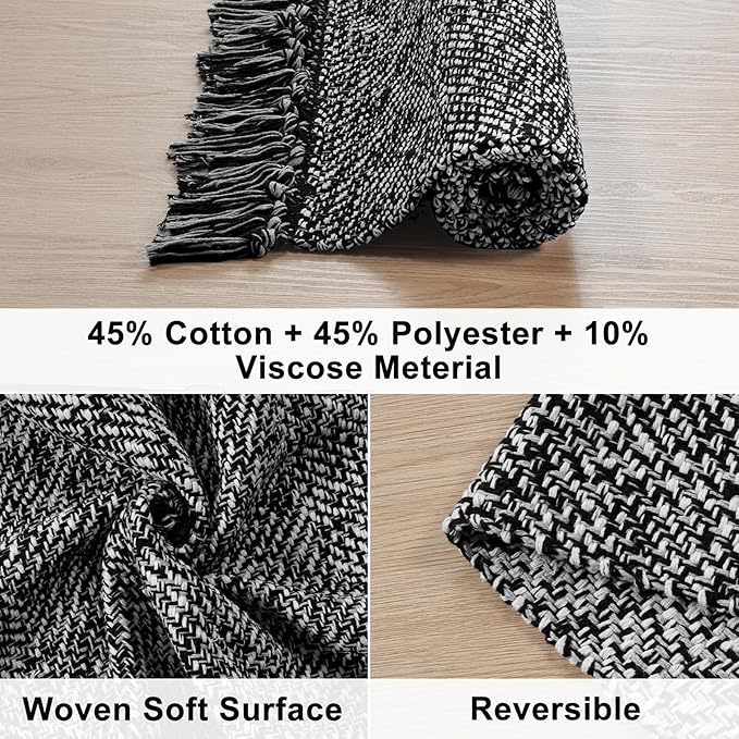 Collive Hallway Runner Rug, 2' x 6' Hand-Woven Reversible Washable , Black Cotton Modern Farmhouse Laundry Room Rug Long Carpet for Bathroom Sink Foyer Bedroom