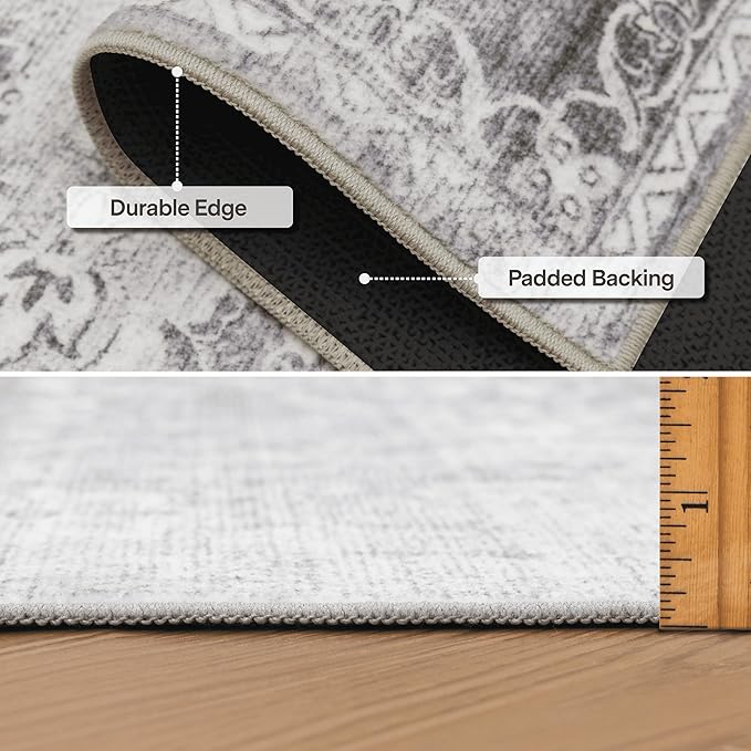 ReaLife Rugs Machine Washable Area Rug - Living Room Bedroom Bathroom Kitchen Entryway Office - Padded Low Pile Stain Resistant Premium - Boho Farmhouse Vintage - Noor - Silver Ivory 5' x 7'