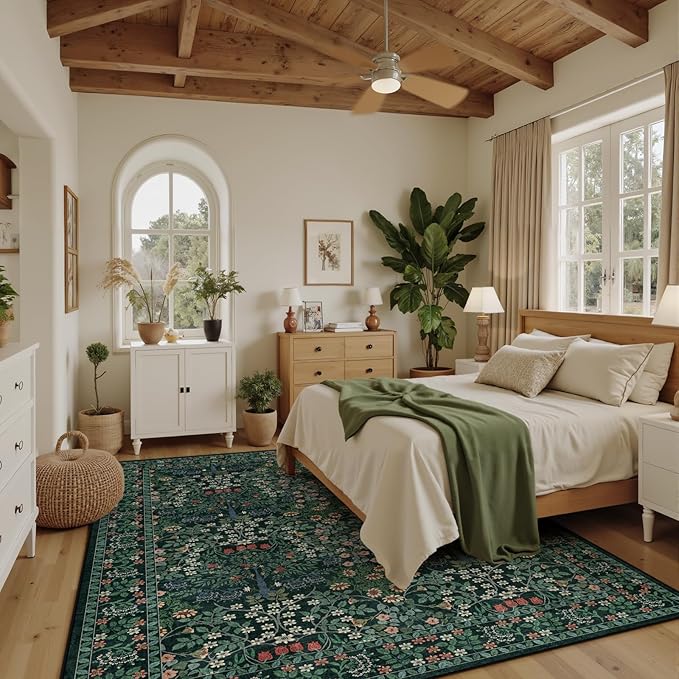 9x12 Area Rug Living Room Rug - Floral Vintage Forest Washable Carpet, Low Pile Non-Slip Stain Resistance Boho Soft Large Carpet for Bedroom, Dining Room Under Table, Farmhouse (9'x12' Dark Green)