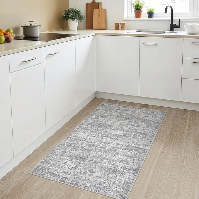 Washable Area Rug: 3x5 ft Abstract Small Rugs for Entryway Kitchen Living Room Bedroom - Non Slip Modern Neutral Carpet Indoor Front Door - Vintage Grey