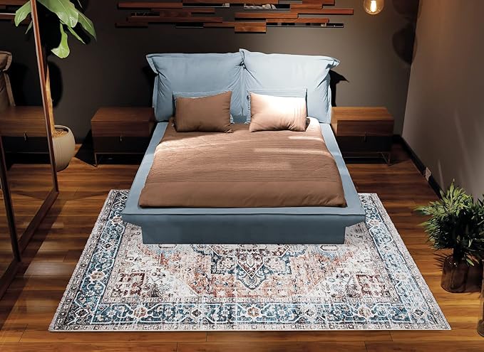 Bloom Rugs Caria Washable Non-Slip 9x12 Rug - Terracotta/Blue Traditional Area Rug for Living Room, Bedroom, Dining Room, and Kitchen - Exact Size: 9' x 12'