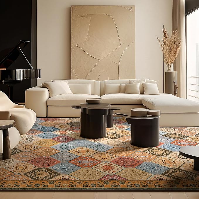 Phantoscope Washable Area Rug 6'x9' Non-Slip, Vintage Boho Rugs for Living Room, Bedroom, Dining Room, Distressed Moroccan Mosaic Diamond Pattern, Low-Pile Foldable Floor Carpet, Terracotta/Rust