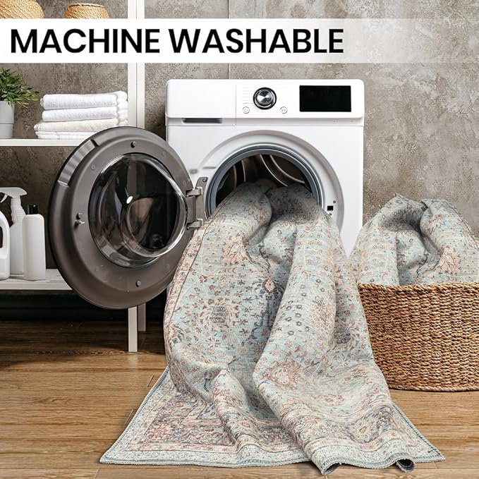 GLN Rugs Traditional Collection - Machine Washable Area Rug, Traditional Washable, Non Slip, Low Pile Chenille Rug, Living Room, Bedroom, Kitchen Rug (6' x 9' Light Blue)