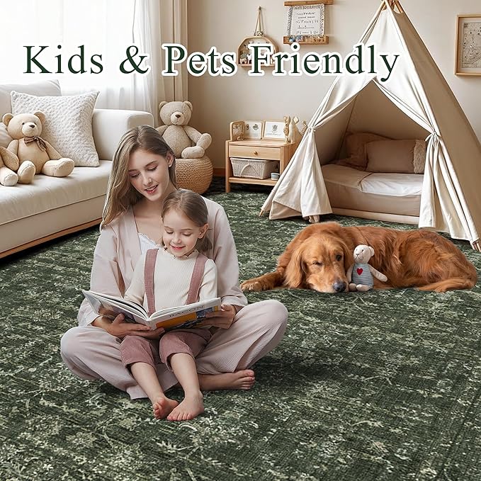 Washable Area Rug 4x6 Green Rugs for Living Room, Vintage Boho Large Rug for Bedroom Dining Room Office, Distressed Floral Print Carpet for Under Table, Soft Non Slip Low Pile Throw Carpet Indoor Mat