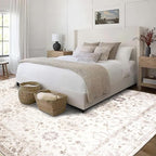 ReaLife Rugs Machine Washable Area Rug - Living Room Bedroom Bathroom Kitchen Entryway Office - Padded Low Pile Stain Resistant Premium - Boho Farmhouse Vintage - BEV - Beige 5' x 7'
