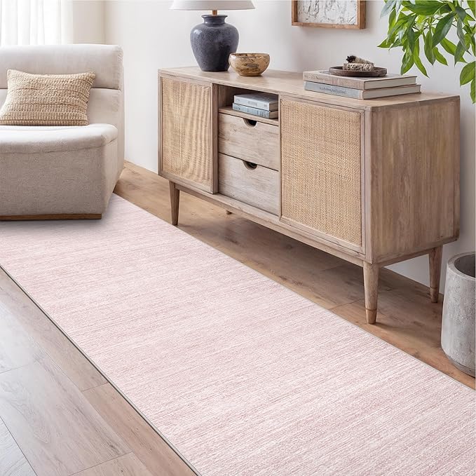 Art&Tuft Non-Slip Runner Rug - 2x10 Runner Rug Washable Low-Pile Rugs Runners, Soft Distressed Carpet Runner for Bedroom Bathroom Kitchen Laundry Living Room, Lightpink