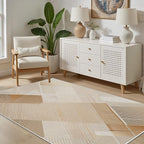 Minimalist Abstract Area Rug 5x7 Brown Boho, Modern Washable Stripe Art Rugs, Soft Non-Slip Low-Pile Carpet for Living Room, Bedroom, Kitchen, Dining Room, Pet Friendly, Non-Shedding, Beige