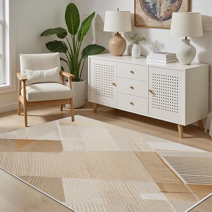 Minimalist Abstract Area Rug 8x10 Brown Boho, Modern Washable Stripe Art Rugs, Soft Non-Slip Low-Pile Carpet for Living Room, Bedroom, Kitchen, Dining Room, Pet Friendly, Non-Shedding, Beige