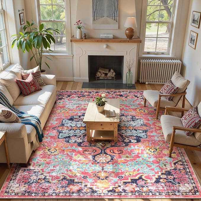 Lahome Area Rugs 9x12 Rugs for Living Room,Large Bedroom Dining Room Rug,Boho Vintage Soft Non-Slip Non-Shedding Low Pile Printed Indoor Carpet for Nursery Kids Home Office(9x12ft,Fuchsia)