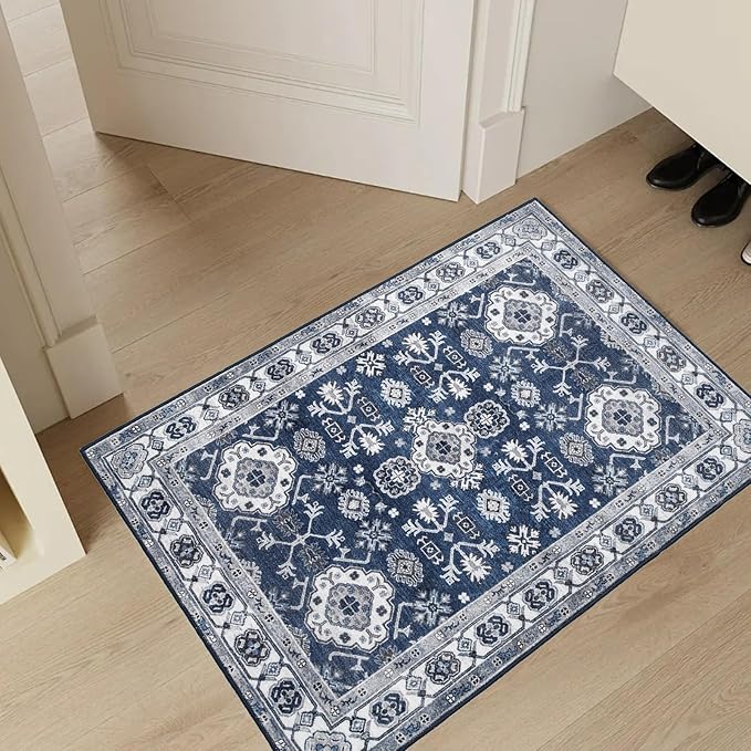 VK VK·LIVING Entryway Washable Rug 2'x3' Small Boho Bathroom Throw Area Rug Non Slip Doormat Indoor Front Door Machine Washable Carpet for Bathroom Kitchen Vintage (Navy)