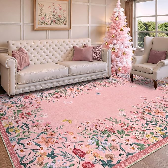 Wonnitar Washable Rug, 5x7 Pink Rugs for Living Room, Floral Print Non-Slip Area Rugs for Bedroom Girls, Soft Large Throw Carpet for Kids Nursery Room (Pink,5'x7')