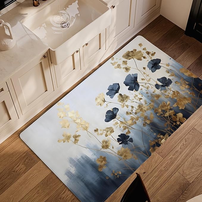 Blue Gray Flower Area Rug for Living Room, Non-Slip Backing Low Pile Modern Abstract Rug for Indoor Use, 3x5 Washable Carpet