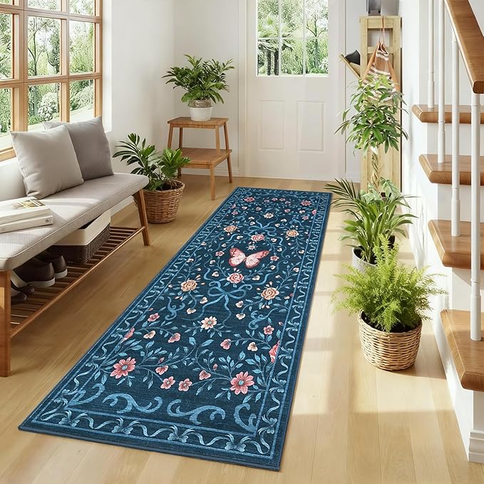 GarveeHome Washable Runner Rug 2x6 Non Slip Hallway Runners Stain Resistant Low Pile Floral Runner Rugs for Kitchen Soft Long Entryway Runner Rugs Blue Boho Throw Carpet for Bedroom Nursery, 2x6