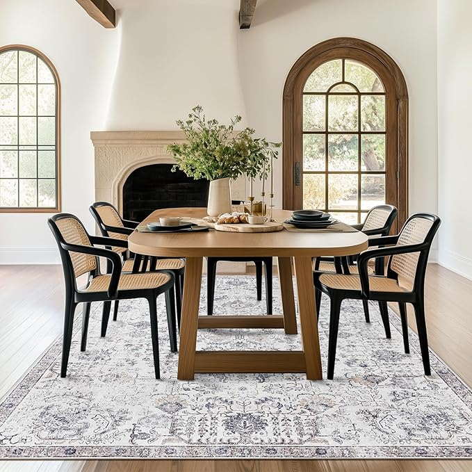 jinchan Kalen Area Rug 8x10 Washable Living Room Rug Vintage Indoor Large Floor Cover Retro Accent Mat Distressed Gray Floral Country Boho Non Slip Thin Carpet for Bedroom Dining Room Office Grey
