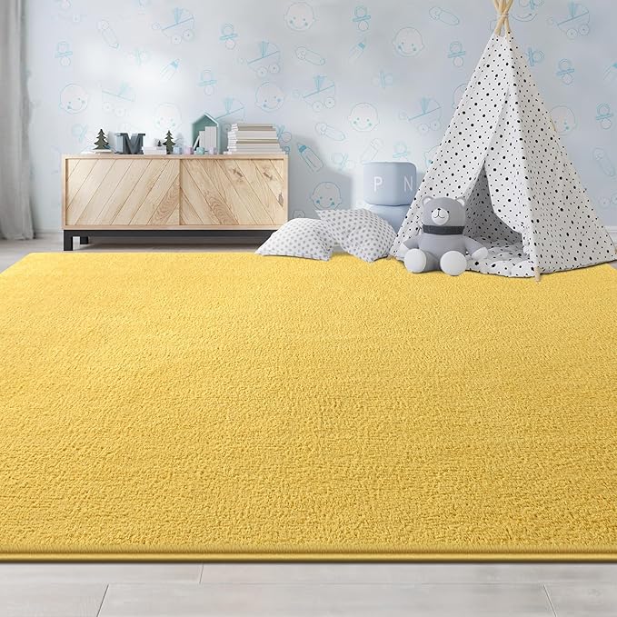 Large Area Rugs for Living Room Bedroom, 5x8 Feet Yellow Rug, Minimalist Modern Shag Rug, Soft Thick Comfy Memory Foam Indoor Carpet, Non-Slip Washable Rug for Boys Girls Dorm Nursery Room Home Decor